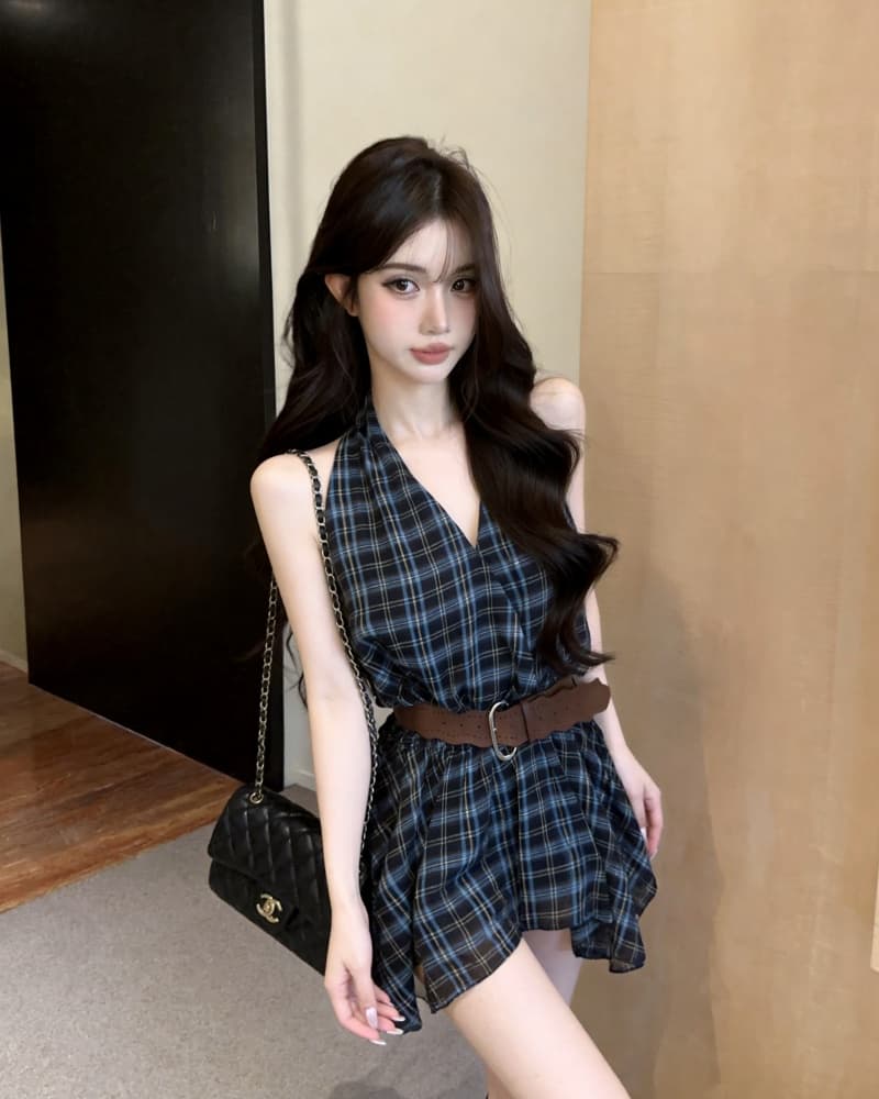 실사 새로운 외국 가스 V넥 체크무늬 행침 목 민소매 쉬폰 톱 여성 벨트 포함 이미지 3