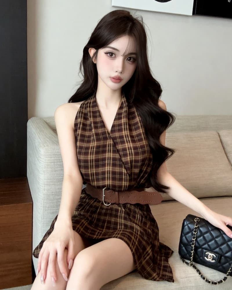 실사 새로운 외국 가스 V넥 체크무늬 행침 목 민소매 쉬폰 톱 여성 벨트 포함 상세 이미지 7