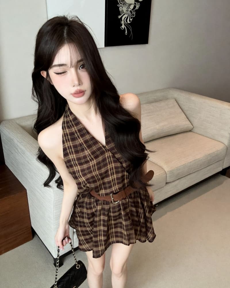 실사 새로운 외국 가스 V넥 체크무늬 행침 목 민소매 쉬폰 톱 여성 벨트 포함 상세 이미지 9