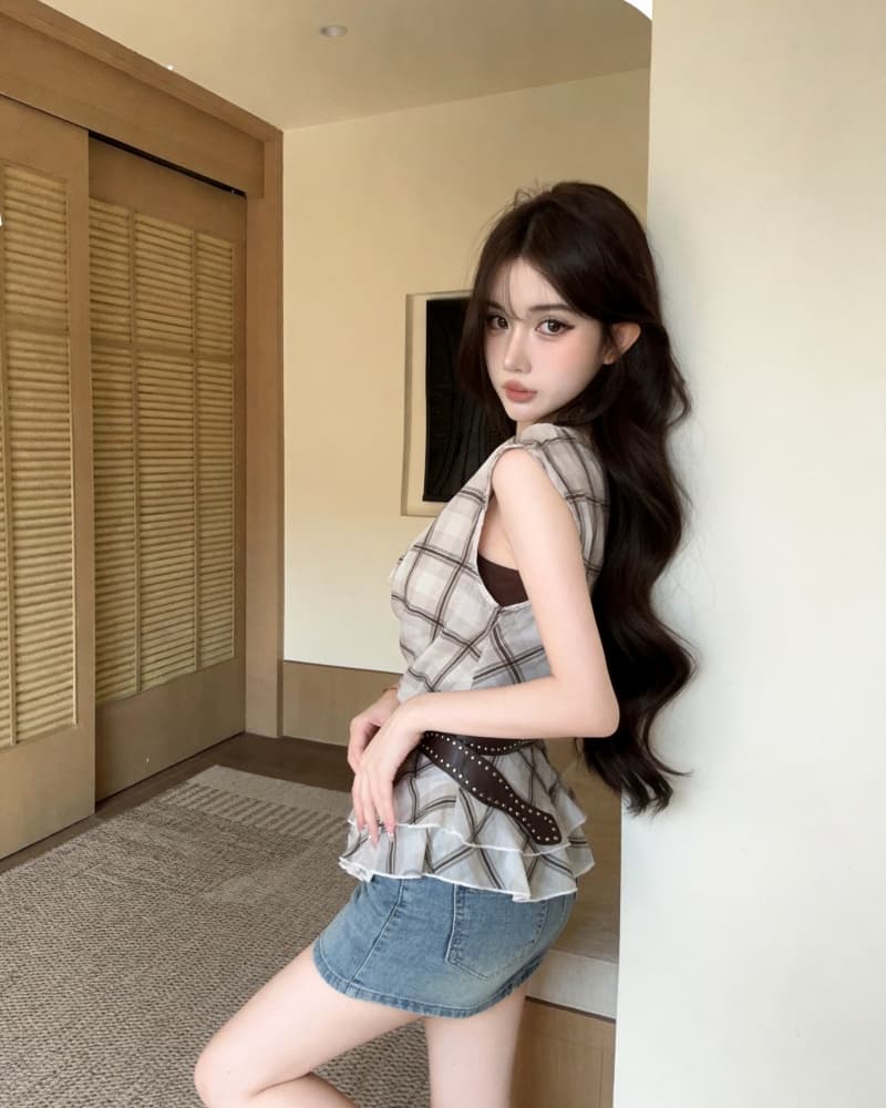 실사 새로운 연령 감소 불규칙 리본 페이크 레이어드 체크무늬 흔들다 칼라 쉬폰 블라우스 맨위 여성 벨트 포함 이미지 4