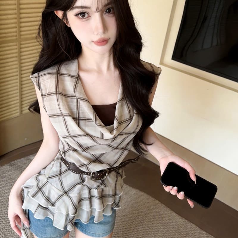 실사 새로운 연령 감소 불규칙 리본 페이크 레이어드 체크무늬 흔들다 칼라 쉬폰 블라우스 맨위 여성 벨트 포함 이미지 6