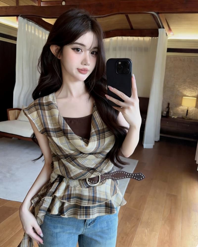 실사 새로운 연령 감소 불규칙 리본 페이크 레이어드 체크무늬 흔들다 칼라 쉬폰 블라우스 맨위 여성 벨트 포함 상세 이미지 1