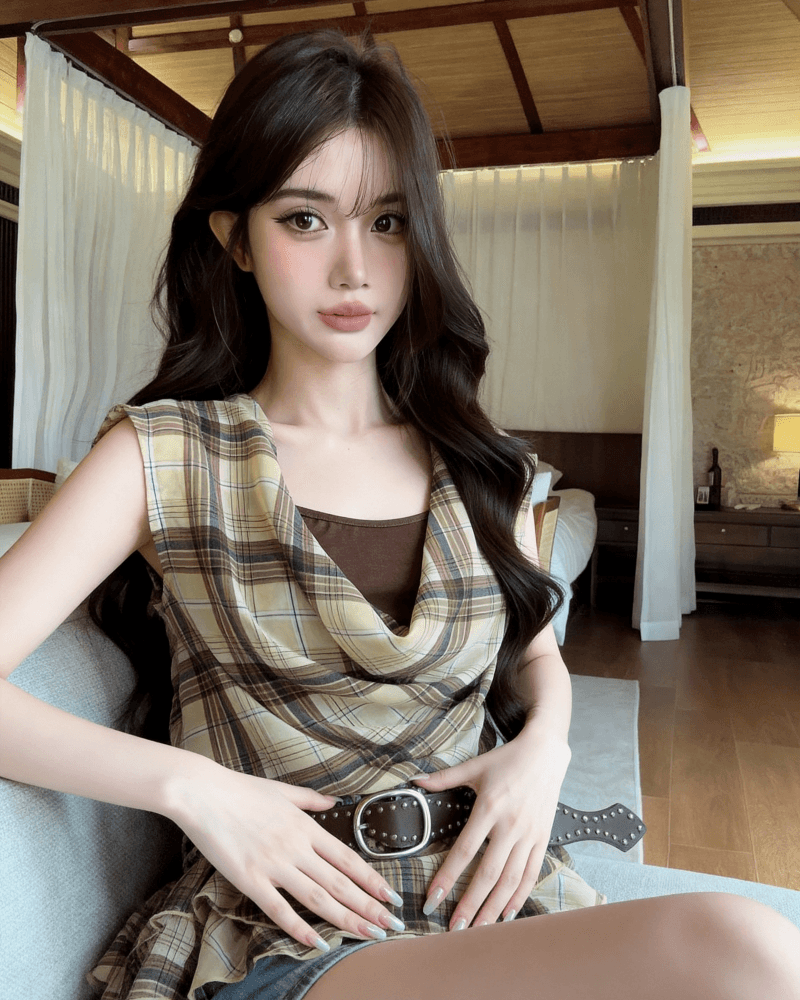 실사 새로운 연령 감소 불규칙 리본 페이크 레이어드 체크무늬 흔들다 칼라 쉬폰 블라우스 맨위 여성 벨트 포함 상세 이미지 4