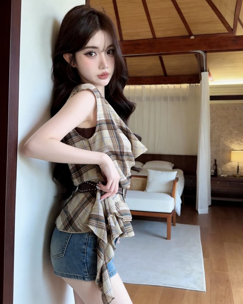 실사 새로운 연령 감소 불규칙 리본 페이크 레이어드 체크무늬 흔들다 칼라 쉬폰 블라우스 맨위 여성 벨트 포함 상세 이미지 6