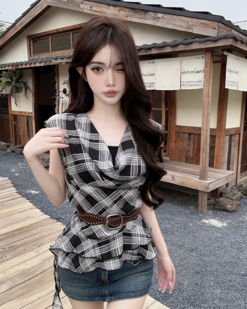실사 새로운 연령 감소 불규칙 리본 페이크 레이어드 체크무늬 흔들다 칼라 쉬폰 블라우스 맨위 여성 벨트 포함 상세 이미지 19