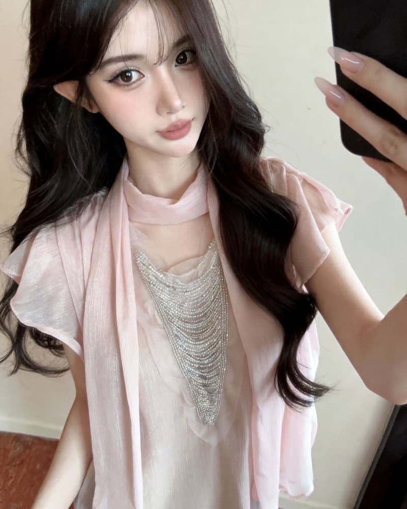 실사 정가 새로운 한 부서 무거운 작업 술 질감 센스 구슬 칼라 반팔 프릴 쉬폰 블라우스 맨위 여성 상세 이미지 10