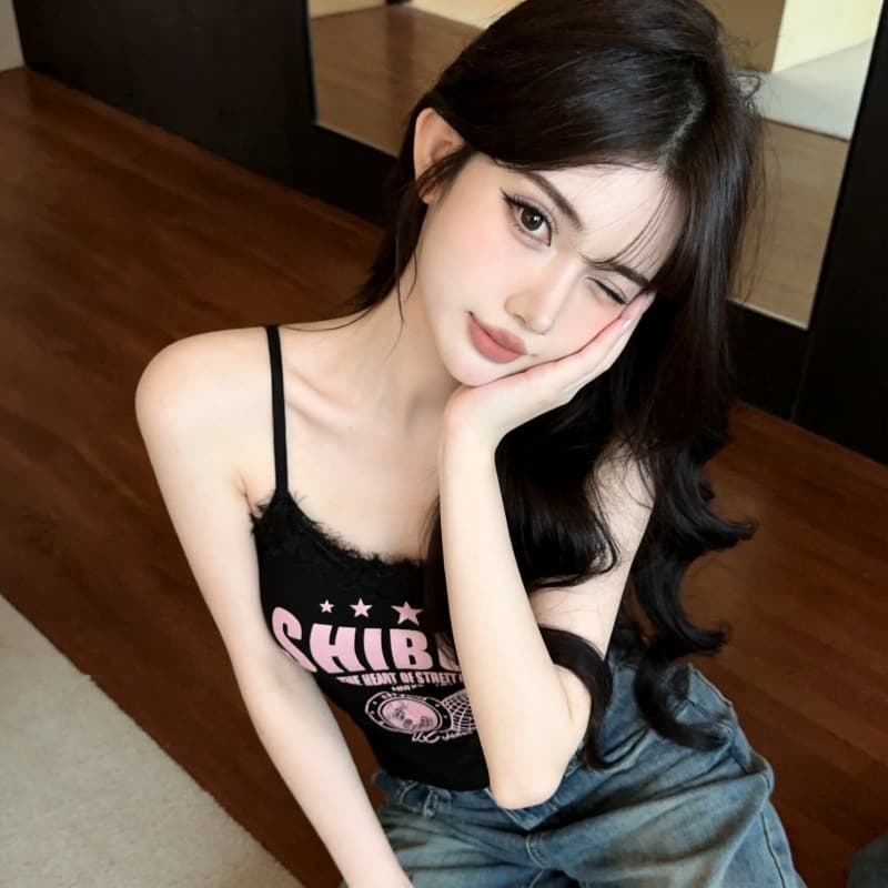 실사 새로운 아메리칸 핫걸 레이스 조각 알파벳 프린트 캐미솔 벨트 가슴 패드 이미지 5