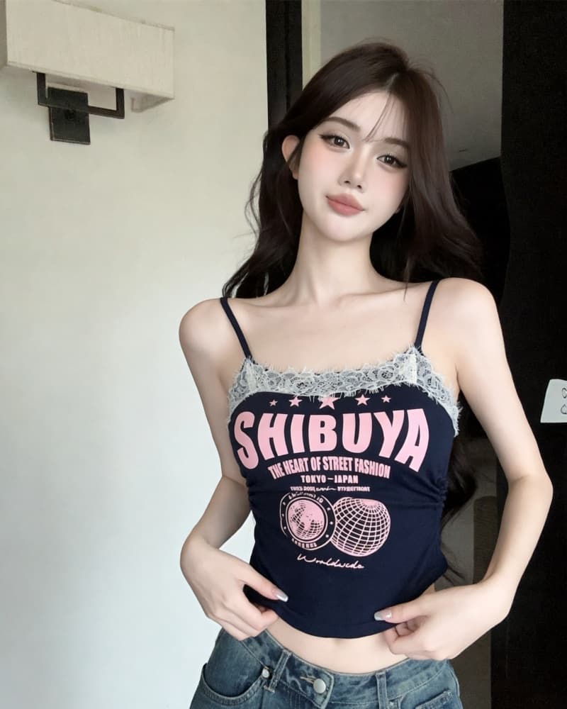 실사 새로운 아메리칸 핫걸 레이스 조각 알파벳 프린트 캐미솔 벨트 가슴 패드 상세 이미지 7