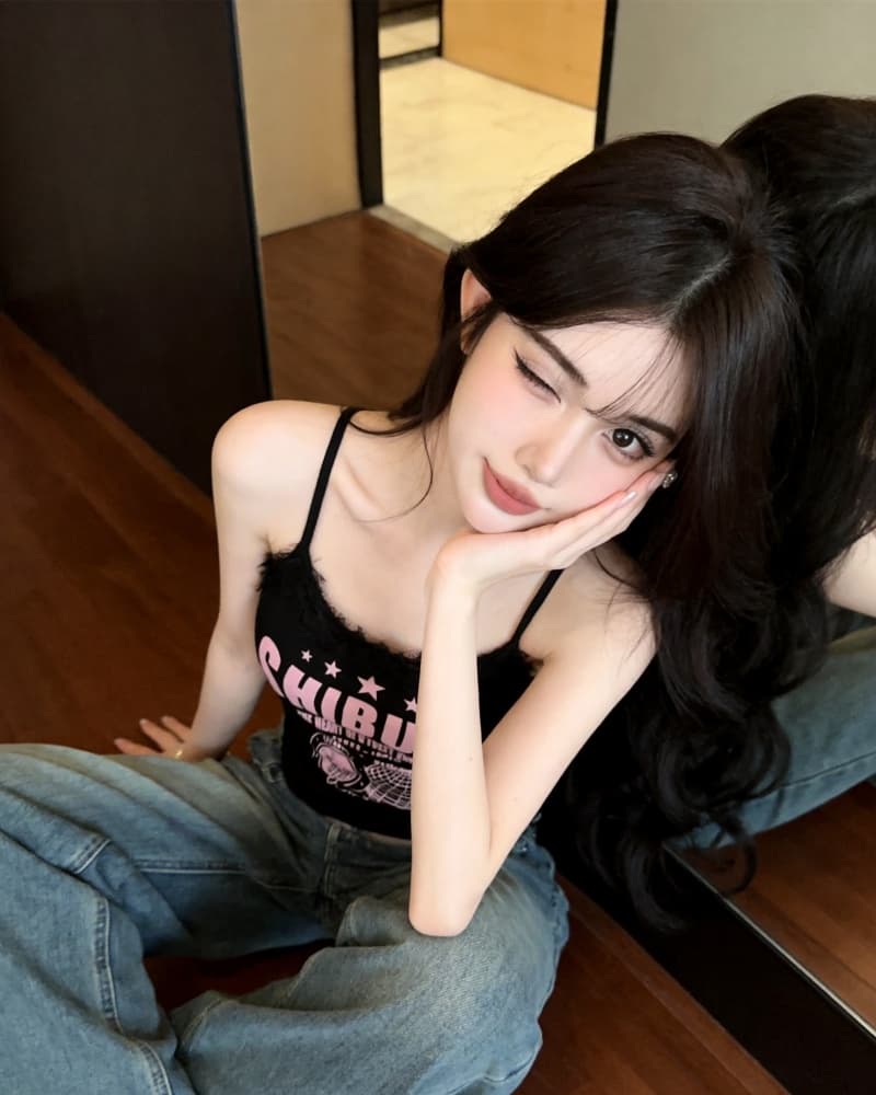 실사 새로운 아메리칸 핫걸 레이스 조각 알파벳 프린트 캐미솔 벨트 가슴 패드 상세 이미지 18