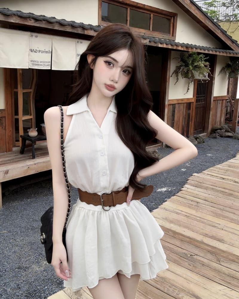 실사 새로운 달콤한 매운맛 바람이 아닙니다. 규칙 프릴 행침 목 민소매 조끼 여성 드레스 벨트 포함