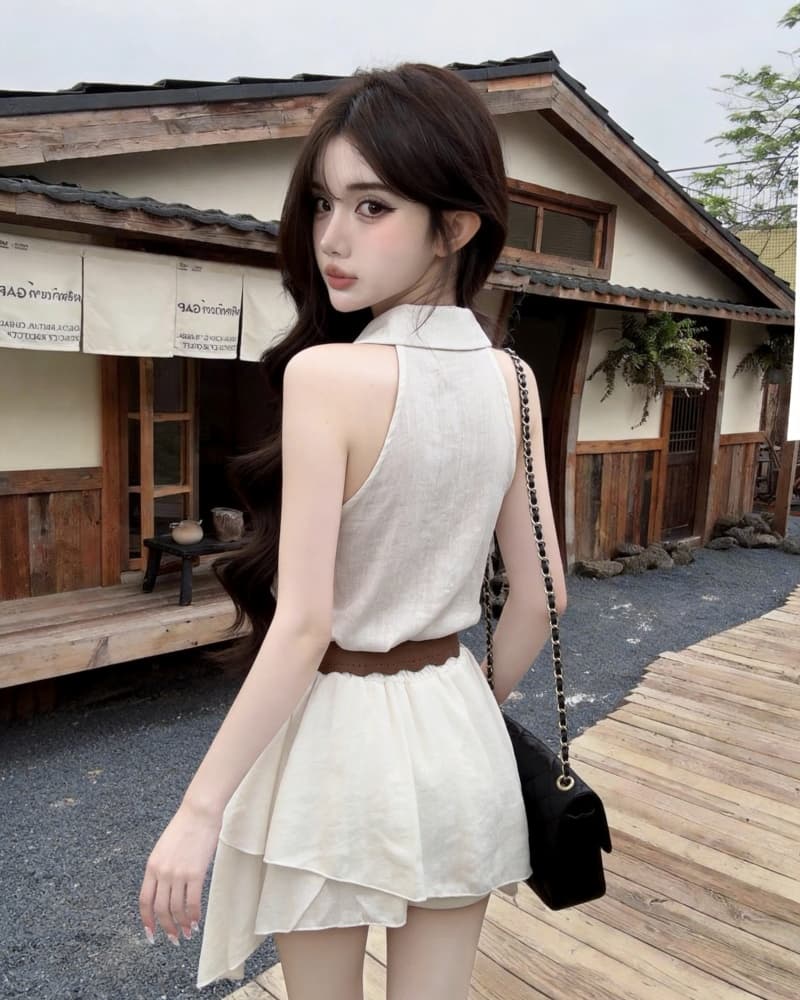 실사 새로운 달콤한 매운맛 바람이 아닙니다. 규칙 프릴 행침 목 민소매 조끼 여성 드레스 벨트 포함 이미지 4