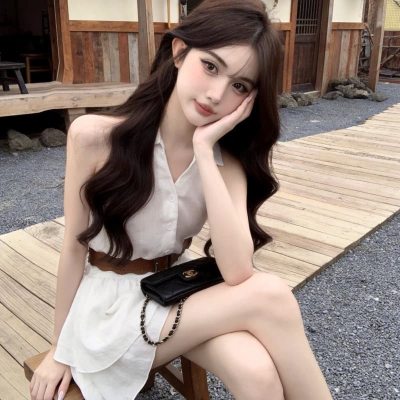 실사 새로운 달콤한 매운맛 바람이 아닙니다. 규칙 프릴 행침 목 민소매 조끼 여성 드레스 벨트 포함 이미지 5