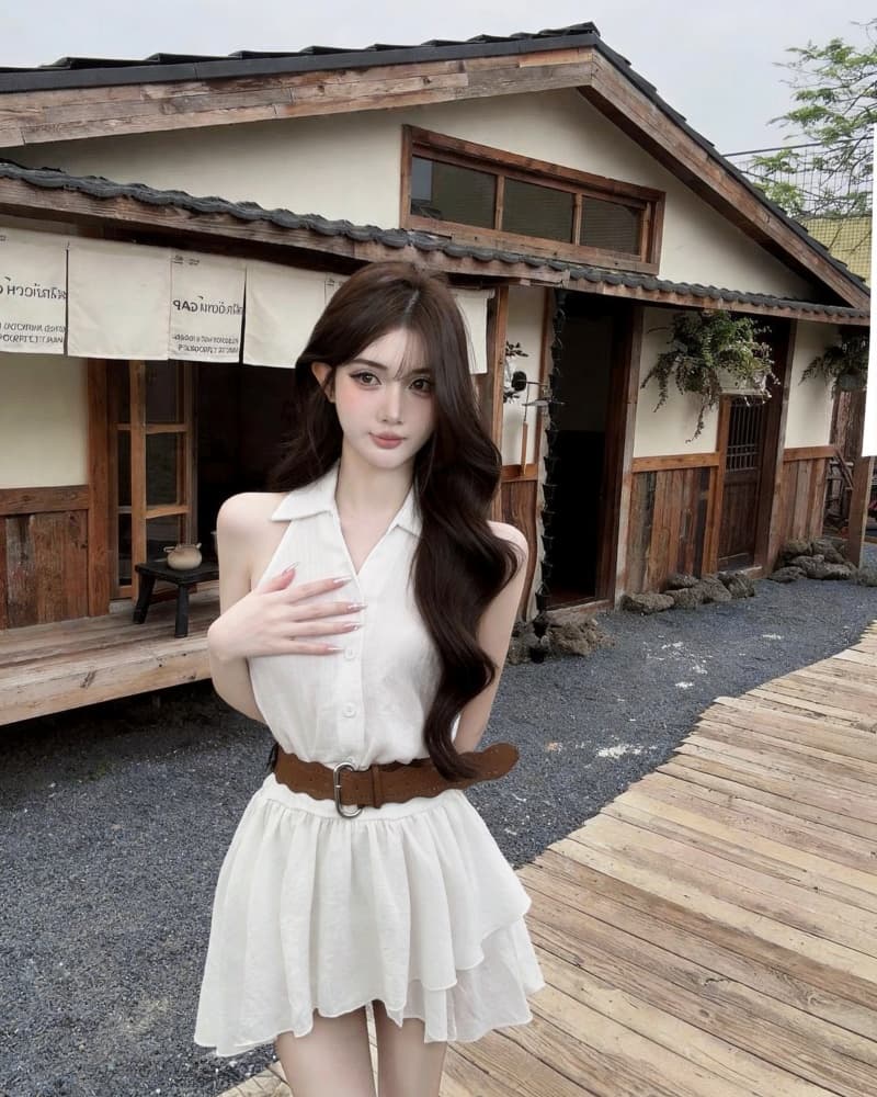 실사 새로운 달콤한 매운맛 바람이 아닙니다. 규칙 프릴 행침 목 민소매 조끼 여성 드레스 벨트 포함 상세 이미지 4