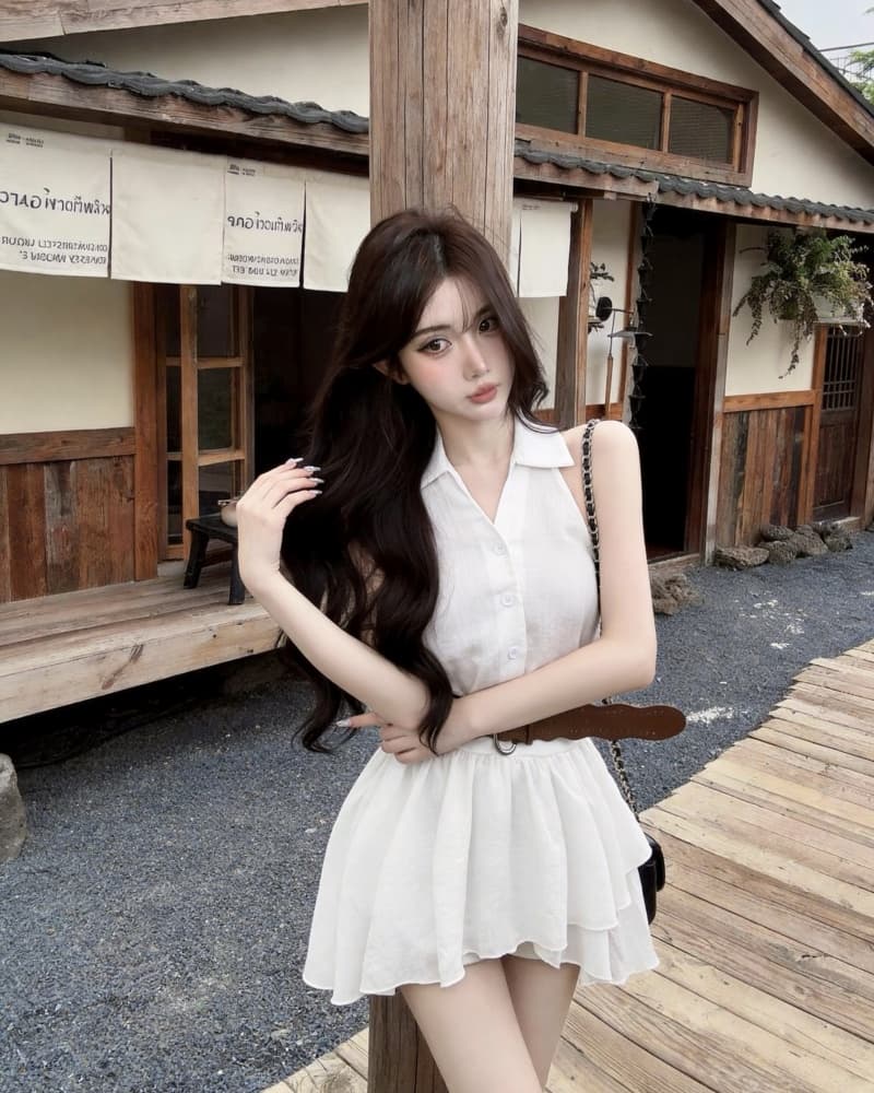 실사 새로운 달콤한 매운맛 바람이 아닙니다. 규칙 프릴 행침 목 민소매 조끼 여성 드레스 벨트 포함 상세 이미지 7