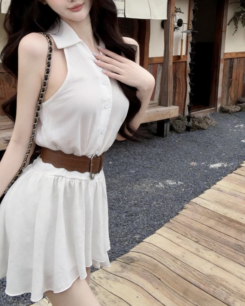 실사 새로운 달콤한 매운맛 바람이 아닙니다. 규칙 프릴 행침 목 민소매 조끼 여성 드레스 벨트 포함 상세 이미지 10