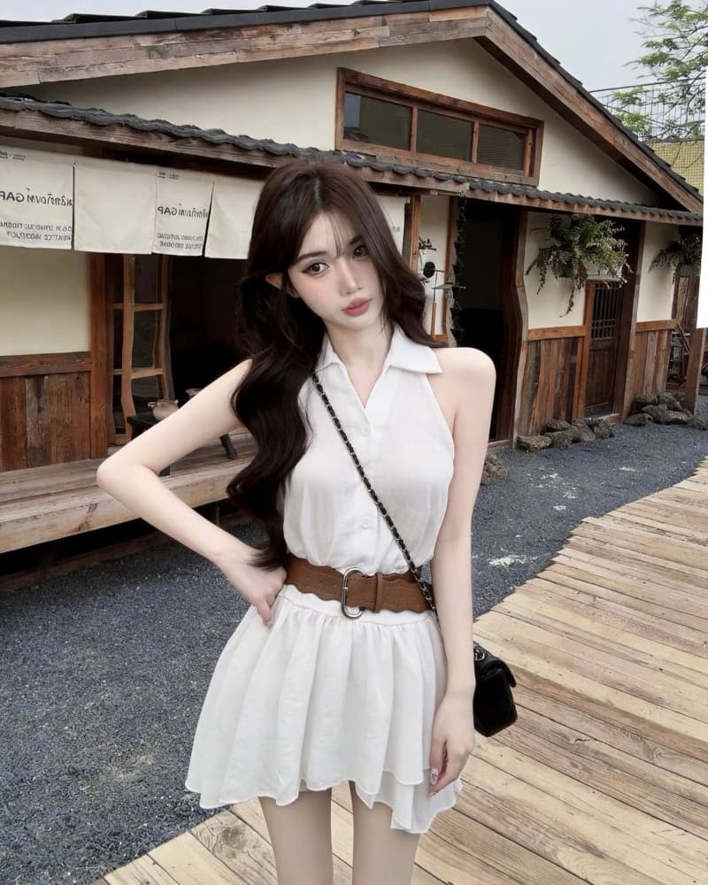 실사 새로운 달콤한 매운맛 바람이 아닙니다. 규칙 프릴 행침 목 민소매 조끼 여성 드레스 벨트 포함 상세 이미지 12