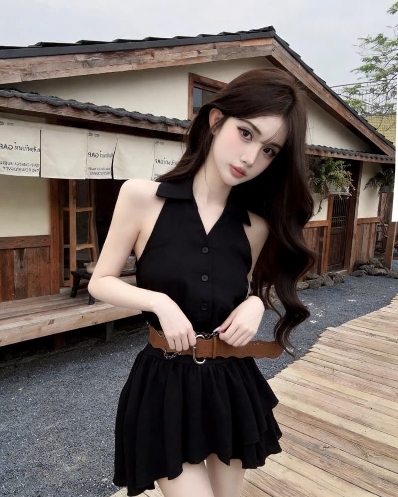 실사 새로운 달콤한 매운맛 바람이 아닙니다. 규칙 프릴 행침 목 민소매 조끼 여성 드레스 벨트 포함 상세 이미지 13