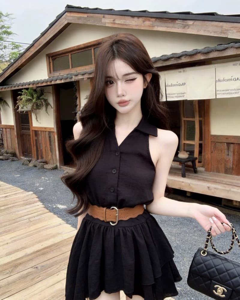 실사 새로운 달콤한 매운맛 바람이 아닙니다. 규칙 프릴 행침 목 민소매 조끼 여성 드레스 벨트 포함 상세 이미지 14