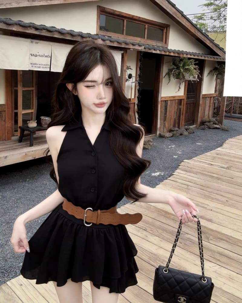 실사 새로운 달콤한 매운맛 바람이 아닙니다. 규칙 프릴 행침 목 민소매 조끼 여성 드레스 벨트 포함 상세 이미지 15