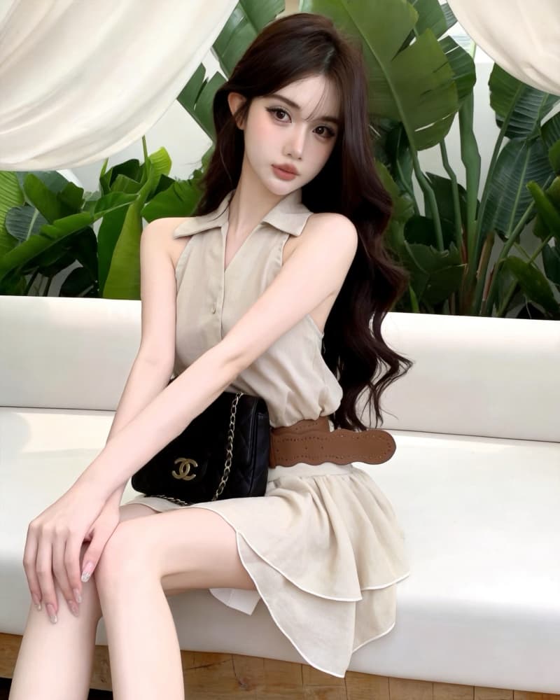실사 새로운 달콤한 매운맛 바람이 아닙니다. 규칙 프릴 행침 목 민소매 조끼 여성 드레스 벨트 포함 상세 이미지 19