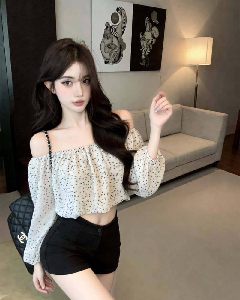 실사 새로운 섹시함 레오파드 무늬 쉬폰 오프숄더 긴팔 맨위 여성 상세 이미지 1