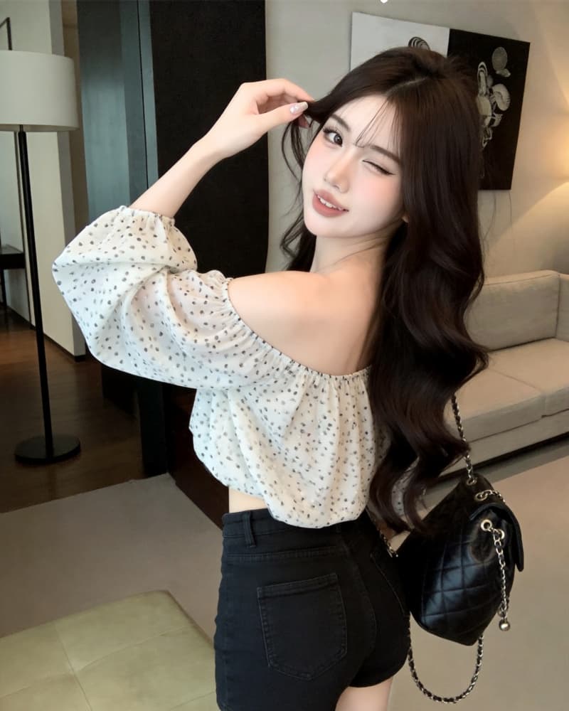 실사 새로운 섹시함 레오파드 무늬 쉬폰 오프숄더 긴팔 맨위 여성 상세 이미지 4
