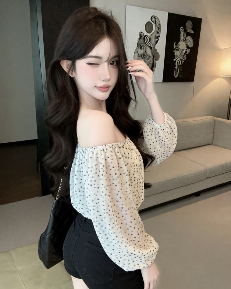 실사 새로운 섹시함 레오파드 무늬 쉬폰 오프숄더 긴팔 맨위 여성 상세 이미지 12