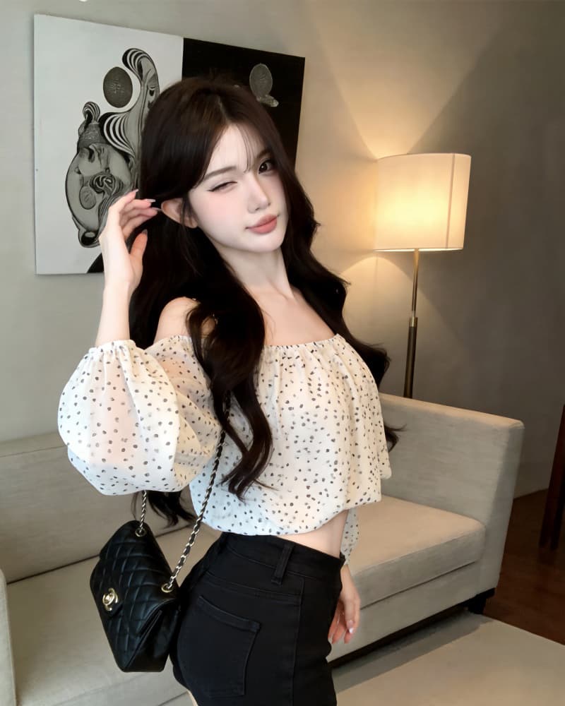 실사 새로운 섹시함 레오파드 무늬 쉬폰 오프숄더 긴팔 맨위 여성 상세 이미지 13