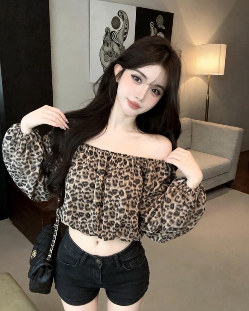 실사 새로운 섹시함 레오파드 무늬 쉬폰 오프숄더 긴팔 맨위 여성 상세 이미지 15