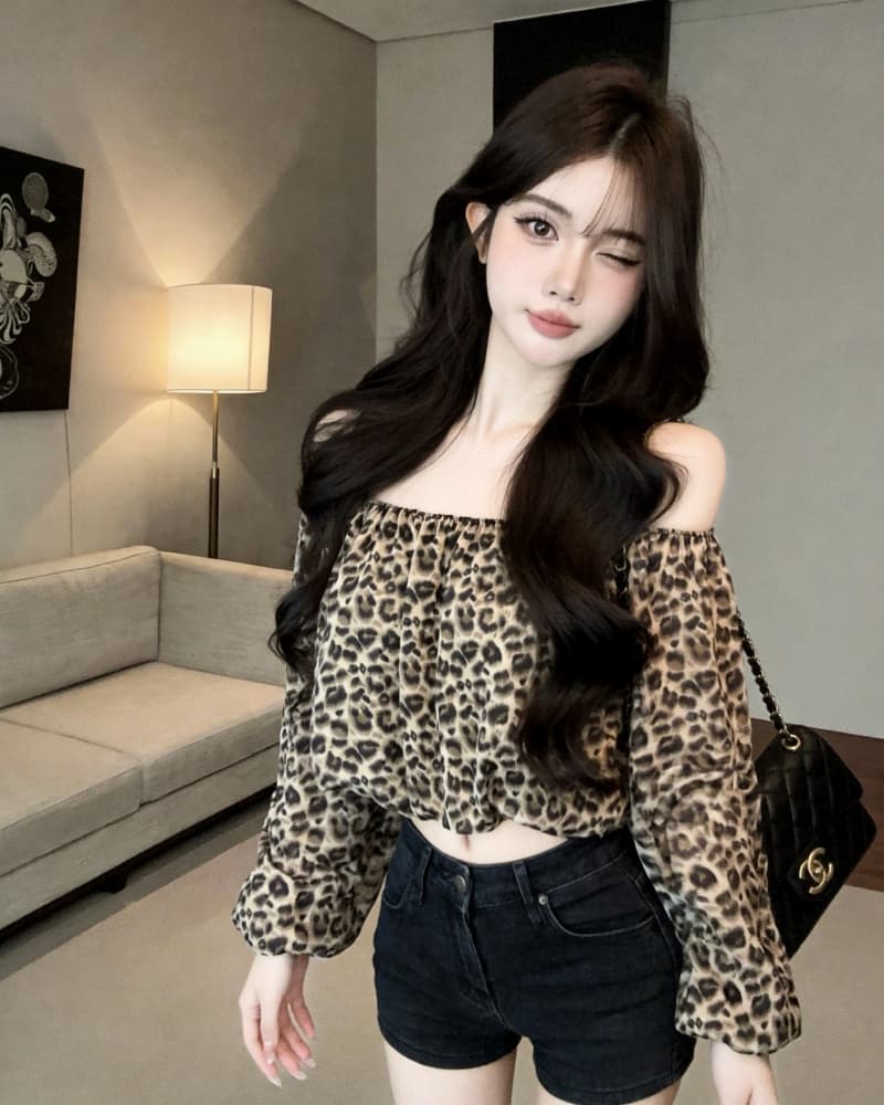실사 새로운 섹시함 레오파드 무늬 쉬폰 오프숄더 긴팔 맨위 여성 상세 이미지 18