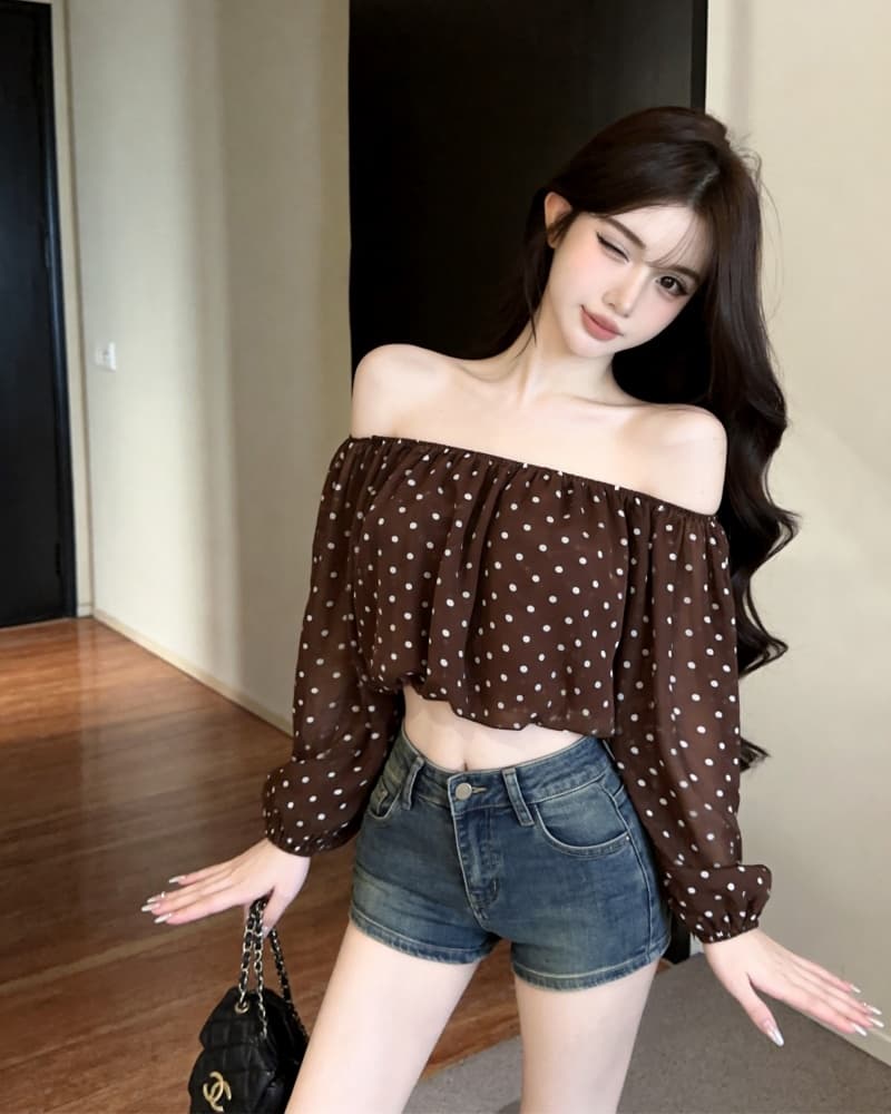 실사 새로운 섹시함 레오파드 무늬 쉬폰 오프숄더 긴팔 맨위 여성 상세 이미지 21