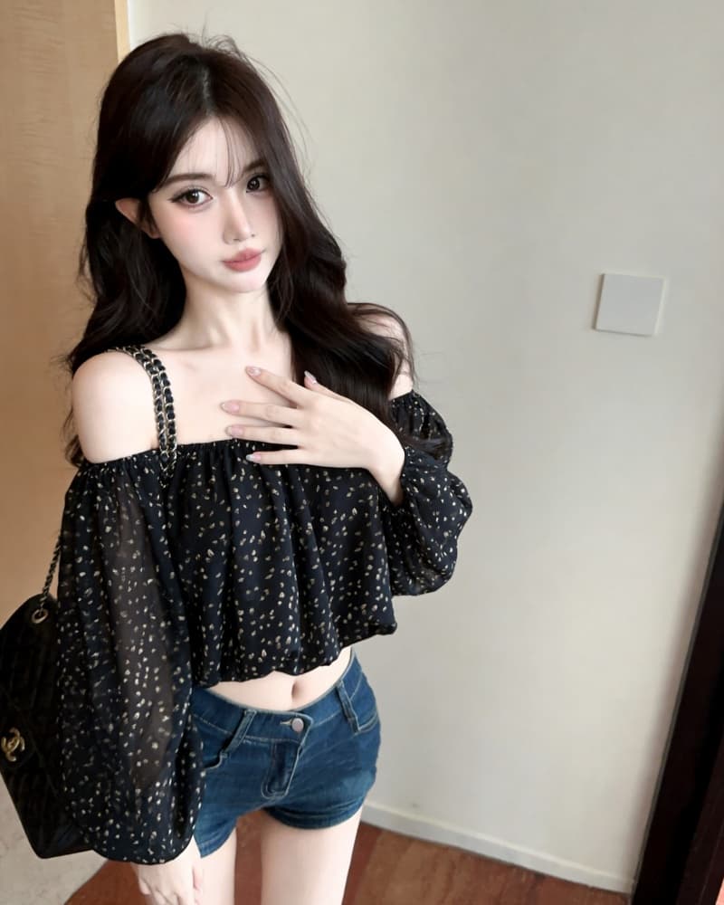 실사 새로운 섹시함 레오파드 무늬 쉬폰 오프숄더 긴팔 맨위 여성 상세 이미지 24