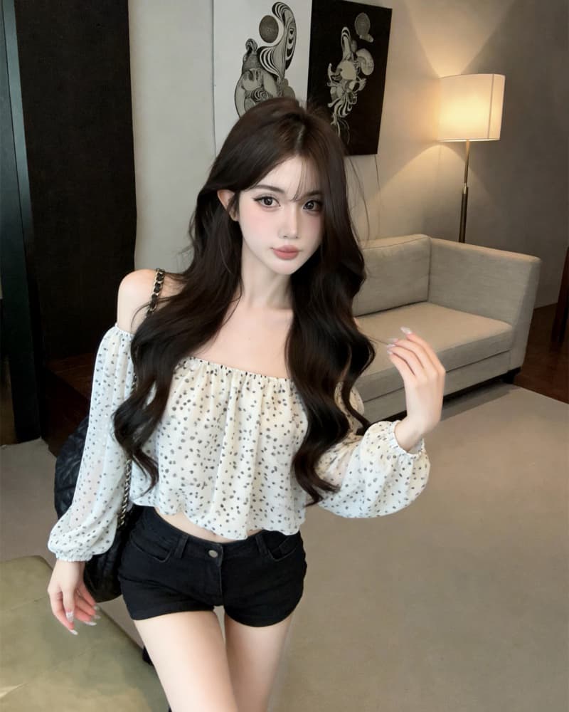 실사 새로운 레트로 도트 무늬 쉬폰 오프숄더 긴팔 맨위 여성 상세 이미지 5