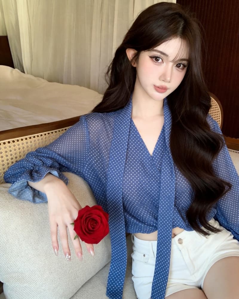 실사 새로운 고유 한 파란색 도트 무늬 얇고 가벼운 V넥 긴팔 여성 셔츠 상세 이미지 10