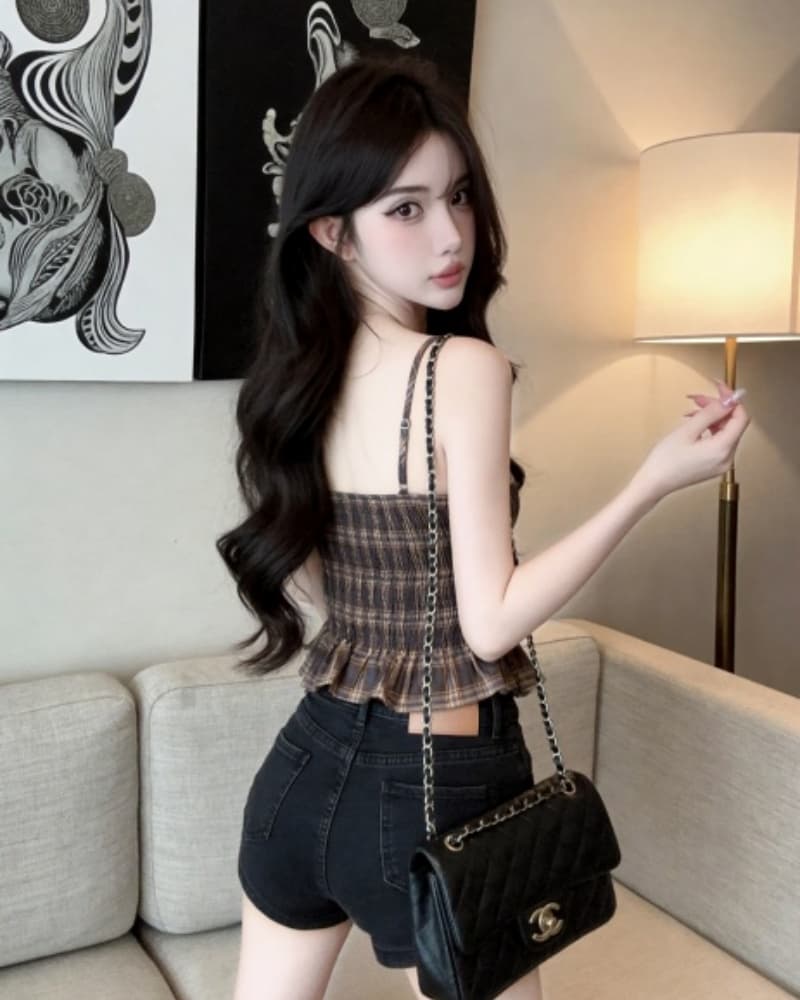 실사 새로운 레트로 체크무늬 스트랩 슬립 오픈 가디건 투피스 세트 맨위 여성 상세 이미지 3