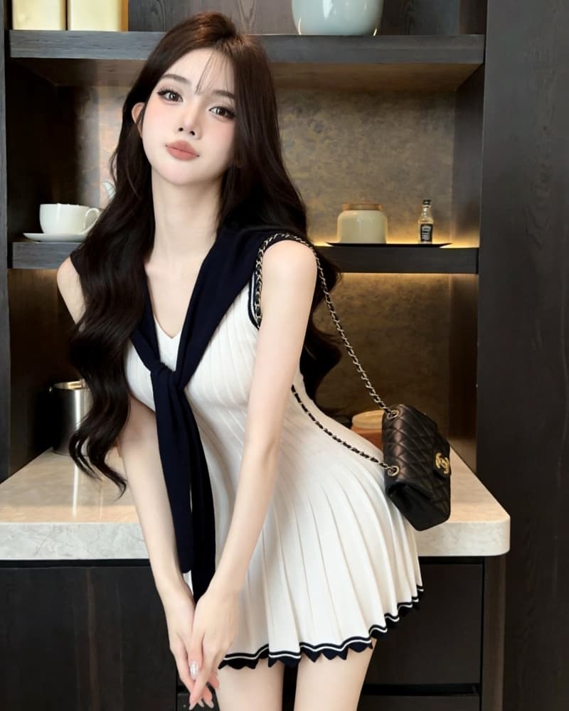 실사 새로운 학원 스타일 배색 숄 민소매 니트 여성 드레스 상세 이미지 9