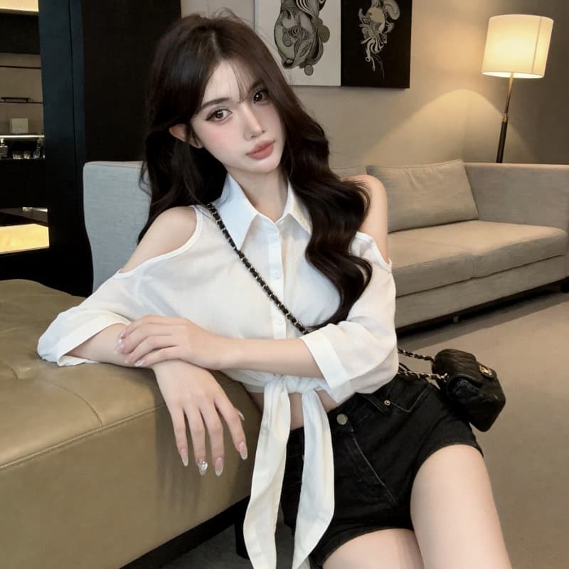 실사 정가 새로운 고급 센스 슬림해 보이는 V넥 오프숄더 면 린넨 매듭이 달린 여성 셔츠 이미지 5