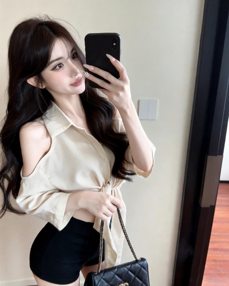 실사 정가 새로운 고급 센스 슬림해 보이는 V넥 오프숄더 면 린넨 매듭이 달린 여성 셔츠 상세 이미지 9
