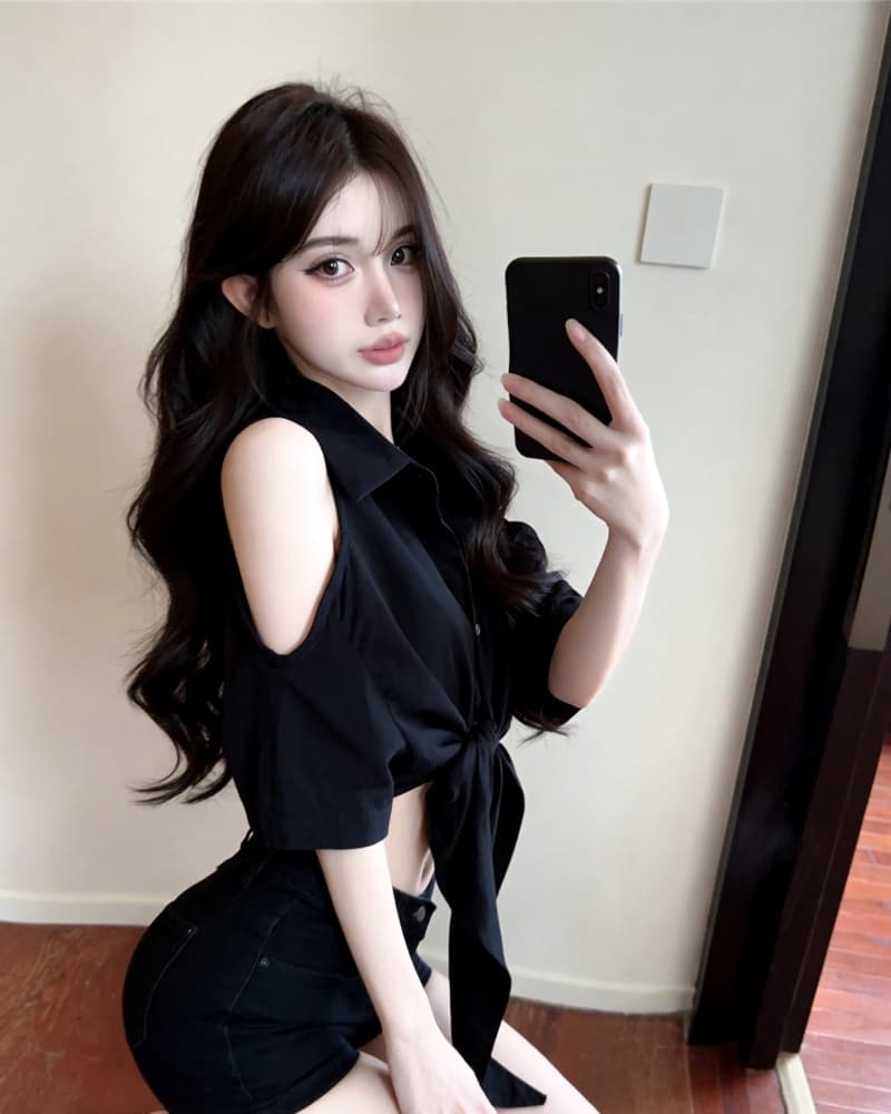 실사 정가 새로운 고급 센스 슬림해 보이는 V넥 오프숄더 면 린넨 매듭이 달린 여성 셔츠 상세 이미지 12