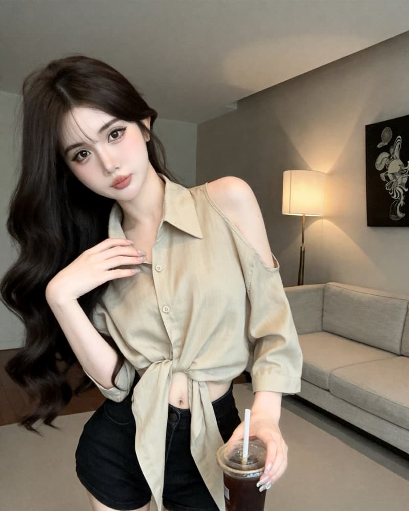 실사 정가 새로운 고급 센스 슬림해 보이는 V넥 오프숄더 면 린넨 매듭이 달린 여성 셔츠 상세 이미지 19