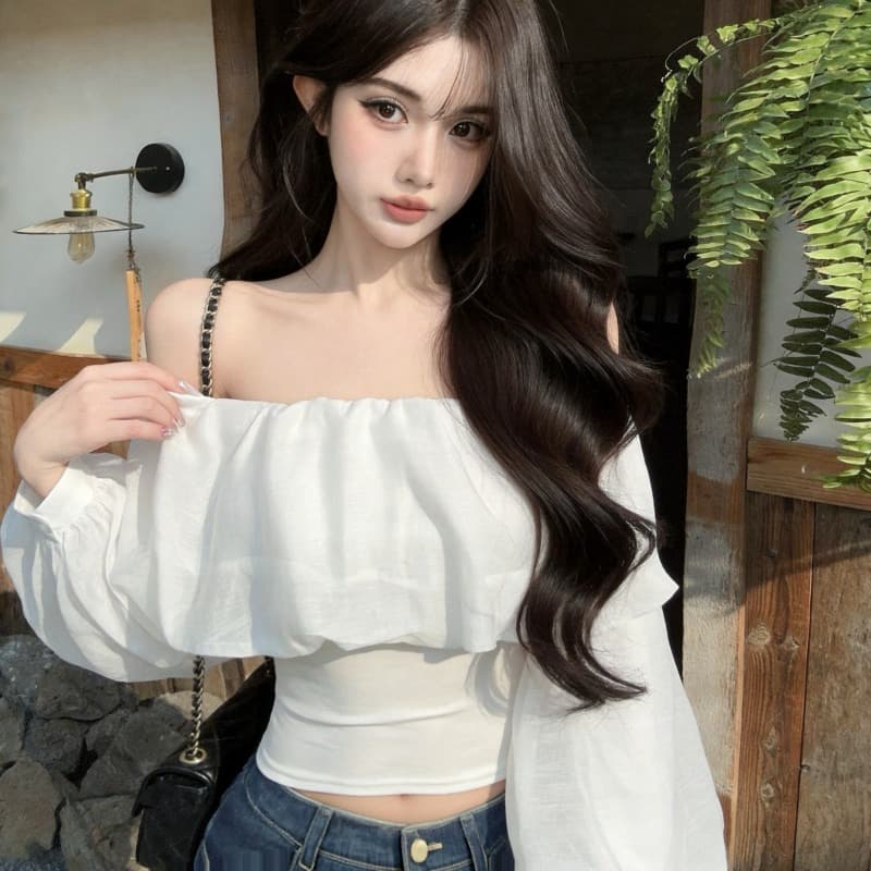 실사 새로운 순수한 욕망 슈퍼 요정 화이트 오프숄더 슬림해 보이는 거품 소매 시폰 셔츠 여성 이미지 5
