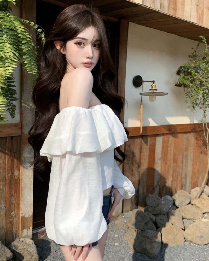 실사 새로운 순수한 욕망 슈퍼 요정 화이트 오프숄더 슬림해 보이는 거품 소매 시폰 셔츠 여성 상세 이미지 4