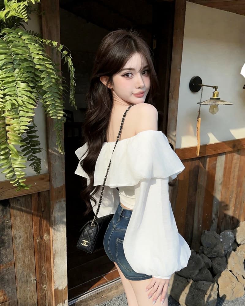 실사 새로운 순수한 욕망 슈퍼 요정 화이트 오프숄더 슬림해 보이는 거품 소매 시폰 셔츠 여성 상세 이미지 6