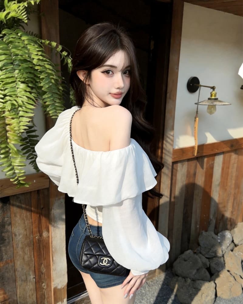 실사 새로운 순수한 욕망 슈퍼 요정 화이트 오프숄더 슬림해 보이는 거품 소매 시폰 셔츠 여성 상세 이미지 7