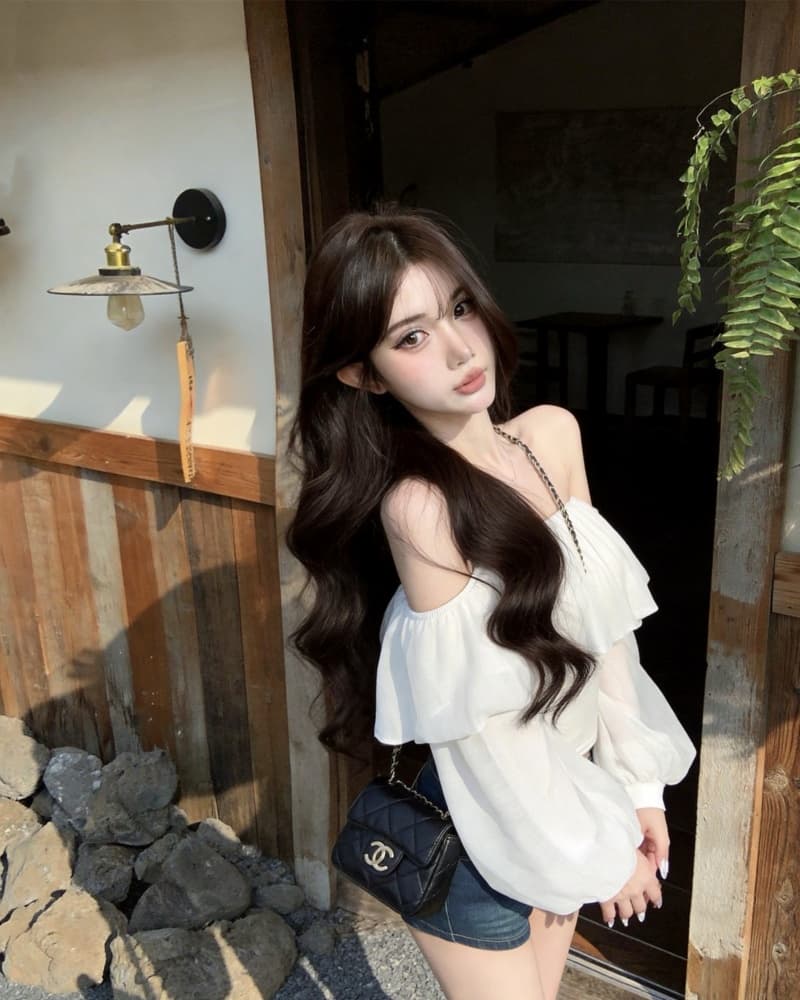 실사 새로운 순수한 욕망 슈퍼 요정 화이트 오프숄더 슬림해 보이는 거품 소매 시폰 셔츠 여성 상세 이미지 15