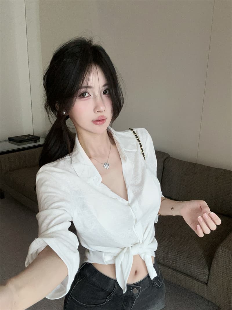 실사 순수한 욕망 작은 대중 화이트 셔츠 패치워크 중간 소매 허리 수축 맨위 여성