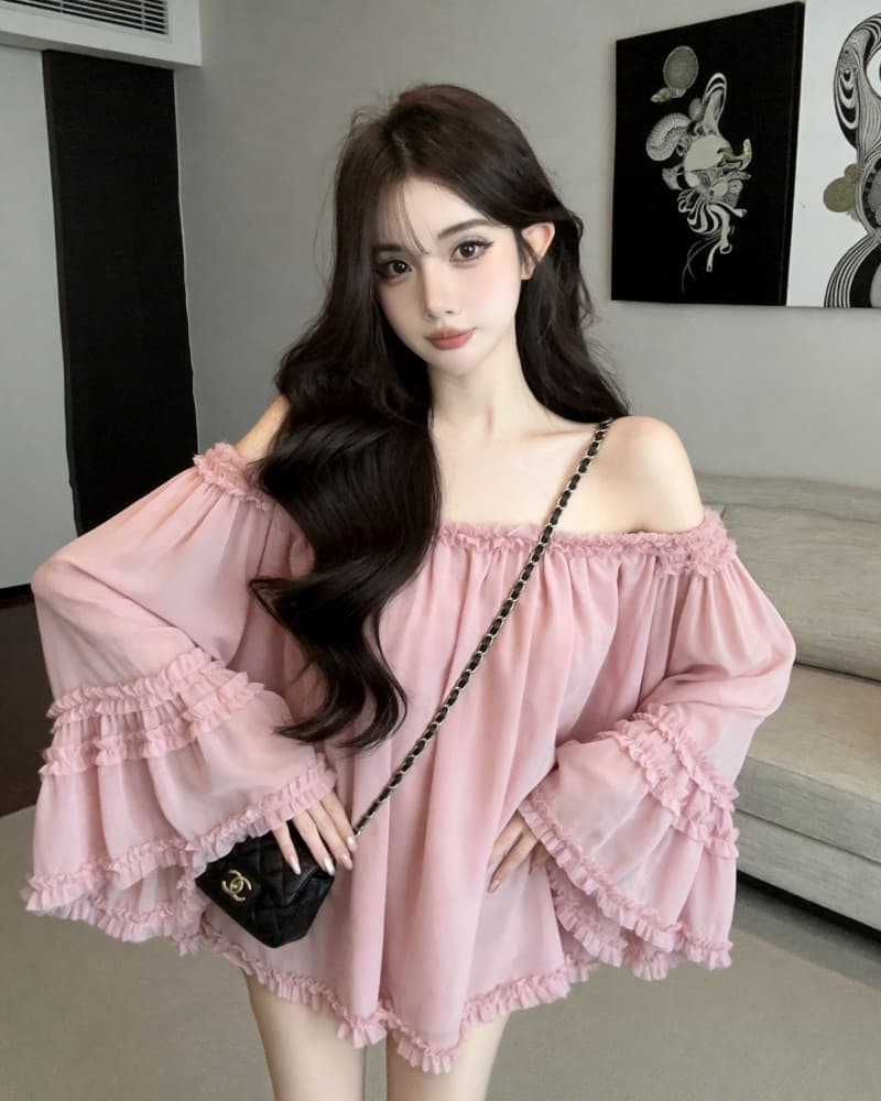 실사 새로운 분위기 센스 나팔 소매 도루 가을 섹시함 오프숄더 맨위 여성 셔츠 이미지 2