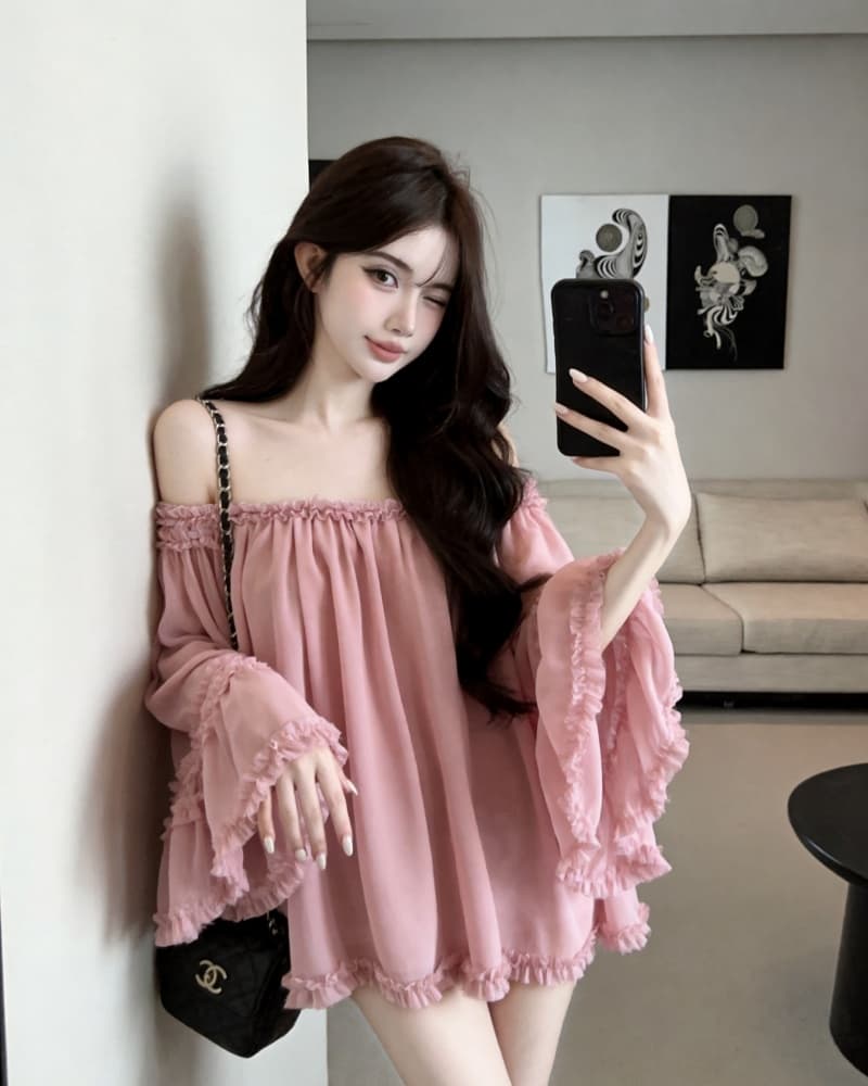 실사 새로운 분위기 센스 나팔 소매 도루 가을 섹시함 오프숄더 맨위 여성 셔츠 상세 이미지 17