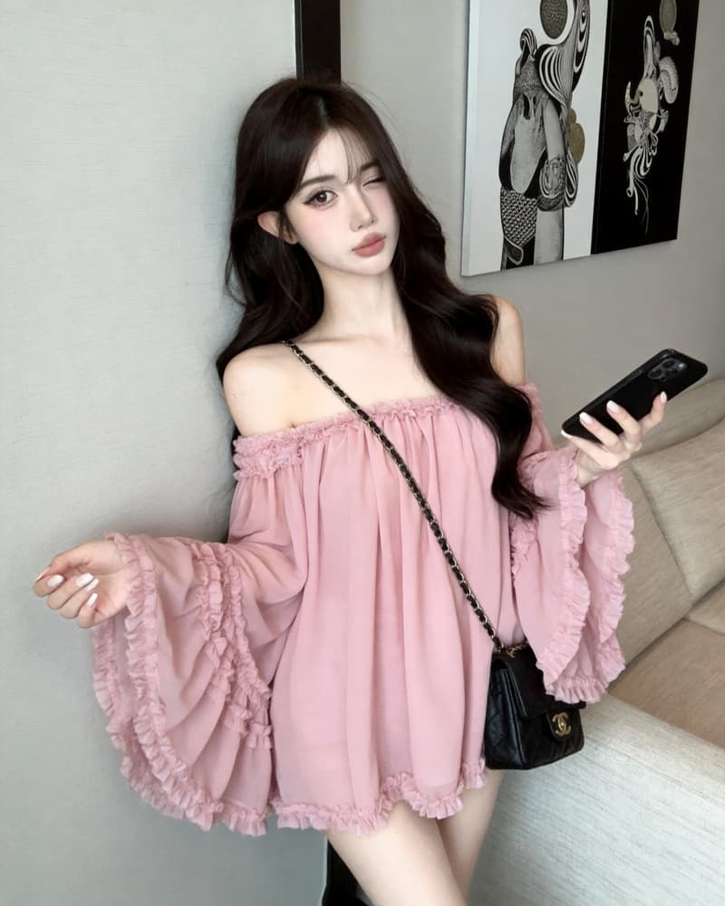실사 새로운 분위기 센스 나팔 소매 도루 가을 섹시함 오프숄더 맨위 여성 셔츠 상세 이미지 18