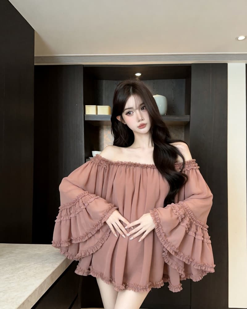 실사 새로운 분위기 센스 나팔 소매 도루 가을 섹시함 오프숄더 맨위 여성 셔츠 상세 이미지 19
